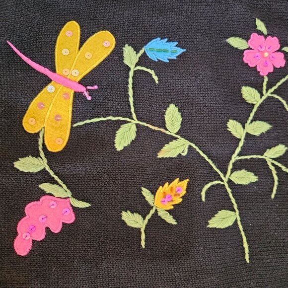 Morgan Cole Black Cardigan XL Vintage Embroidered Dragonflies Flowers - Picture 2 of 10